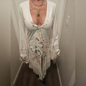 Floral Embroidered White Dress with Lace Details